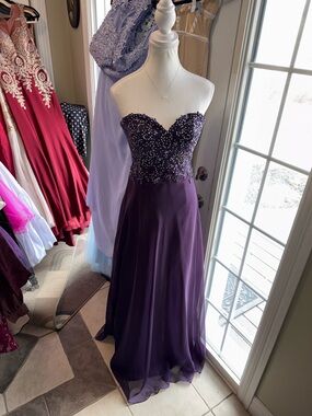 B Dazzle Strapless Beaded Evening Gown in Deep Plum